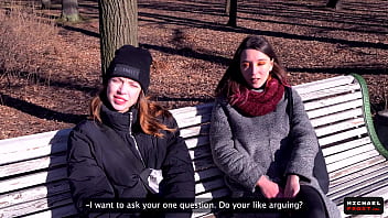 Experience the thrill of a street gamble with unknown girls in a public setting