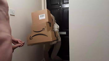 A man masturbating encounters a delivery woman from Amazon and she chooses to assist him in reaching orgasm